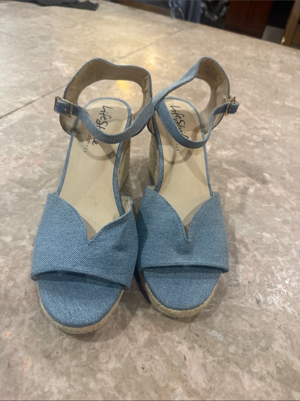 Life Stride Light Blue Denim Ankle Strap Espadrille Wedges